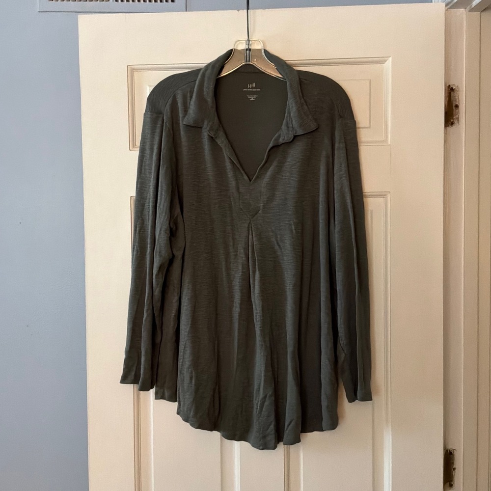 J. Jill Pima Center-Pleat Tunic Green 2X Slub Knit Top Plus Size Casual Comfort